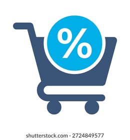 Icono de Carrito de descuento Carretilla de diseño de Vector plano azul Porcentaje de símbolo de venta Oferta de promoción de compras