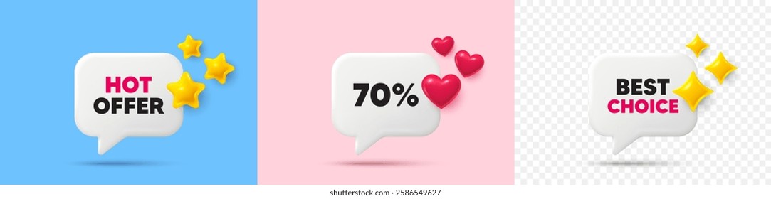 Discount chat speech bubble. 3d stars, sparkles, hearts chat bubbles. 70 percent off sale tag. Discount offer price sign. Special offer symbol. Hot offer, best choice tag. Vector