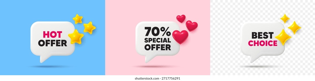 Descuento de la burbuja de discurso de chat. Estrellas 3D, destellos, corazones chatean burbujas. Etiqueta de oferta de 70 por ciento de descuento. Signo de promoción de Precio de venta. Símbolo de oferta especial. Oferta caliente, la mejor etiqueta de la opción. Vector