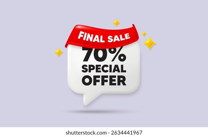 Bolha de fala de bate-papo de desconto. Fita da bandeira da venda final. etiqueta de oferta de desconto de 70%. Sinal de promoção de preço de venda. Símbolo de oferta especial. Bolha de fala de estrelas cintilantes 3d. Vetor