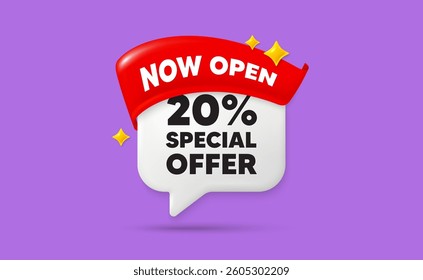 Discount chat speech bubble. Now open flag ribbon. 20 percent discount offer tag. Sale price promo sign. Special offer symbol. 3d sparkle stars speech bubble. Vector