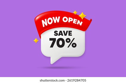 Discount chat speech bubble. Now open flag ribbon. Save 70 percent off tag. Sale Discount offer price sign. Special offer symbol. 3d sparkle stars speech bubble. Vector