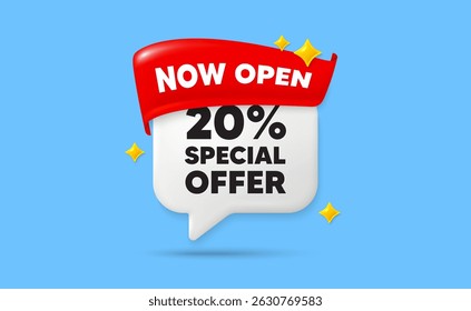 Discount chat speech bubble. Now open flag ribbon. 20 percent discount offer tag. Sale price promo sign. Special offer symbol. 3d sparkle stars speech bubble. Vector