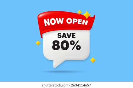 Discount chat speech bubble. Now open flag ribbon. Save 80 percent off tag. Sale Discount offer price sign. Special offer symbol. 3d sparkle stars speech bubble. Vector