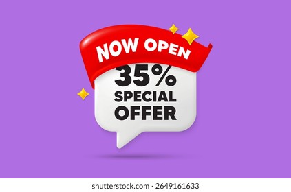 Bolha de fala de bate-papo de desconto. Agora abra a faixa de opções. etiqueta de oferta de desconto de 35%. Sinal de promoção de preço de venda. Símbolo de oferta especial. Bolha de fala de estrelas cintilantes 3d. Vetor