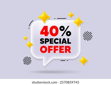 Discount chat speech bubble. Social media concept. 40 percent discount offer tag. Sale price promo sign. Special offer symbol. 3d sparkles chat bubble. Vector
