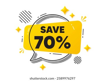 Discount chat speech bubble. Social media concept. Save 70 percent off tag. Sale Discount offer price sign. Special offer symbol. Yellow chat message. Offer speech bubble. Glare 3d stars. Vector