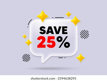 Discount chat speech bubble. Social media concept. Save 25 percent off tag. Sale Discount offer price sign. Special offer symbol. 3d sparkles chat bubble. Vector
