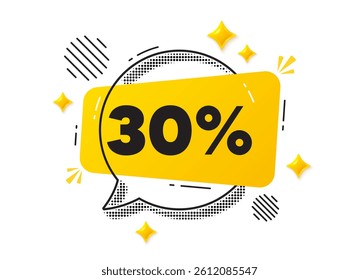 Discount chat speech bubble. Social media concept. 30 percent off sale tag. Discount offer price sign. Special offer symbol. Yellow chat message. Offer speech bubble. Glare 3d stars. Vector