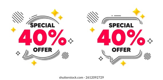 Discount chat speech bubble. Social media concept. 40 percent discount offer tag. Sale price promo sign. Special offer symbol. 3d flare stars chat bubble. Vector