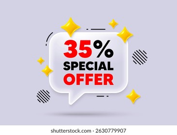 Discount chat speech bubble. Social media concept. 35 percent discount offer tag. Sale price promo sign. Special offer symbol. 3d sparkles chat bubble. Vector
