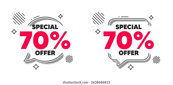 Discount chat speech bubble. Social media concept. 70 percent discount offer tag. Sale price promo sign. Special offer symbol. Line design chat bubble. Vector