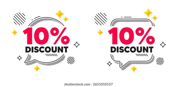 Discount chat speech bubble. Social media concept. 10 percent discount tag. Sale offer price sign. Special offer symbol. 3d flare stars chat bubble. Vector