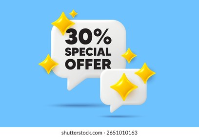 Discount chat speech bubble. Social media concept. 30 percent discount offer tag. Sale price promo sign. Special offer symbol. 3d sparkles chat bubble. Vector