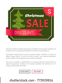Discount Christmas sale banner with green new year tree vector illustration with advertising text isolated on deep green template, red ribbon buttons