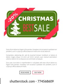 Discount Christmas sale banner with green new year tree vector illustration with advertising text isolated on deep green template, red ribbon buttons