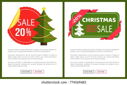 Discount Christmas sale banner with green new year tree vector illustration with advertising text isolated on deep green template, red ribbon buttons