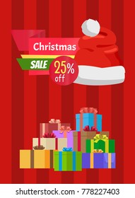Discount Christmas sale poster Santa Claus hat on promo label with dollar sign, piles of gift boxes on striped background vector banner with presents