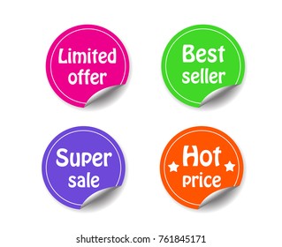 discount circle sticker with curled corner marketing promotion set of labels sign best seller;limited offer,hot price and super sale. Isolated vector illustration