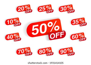 Discount clearance sale red sticker offering price reduction. Sticky badge or label with ten to ninety percent off set for economy shopping vector illustration isolated on white background