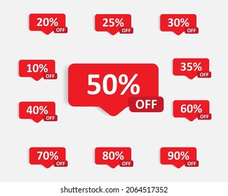 Discount clearance sale red sticker offering price reduction. Sticky badge or label with ten to ninety percent off set for economy shopping vector illustration EPS 10 
Size artboard 5000 x 4000