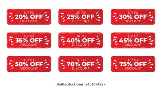 Discount clearance sale red sticker. Sale price tag or label with ten to ninety percent off set for shopping vector illustration isolated on white background