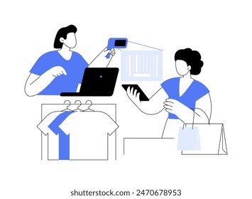 Discount code isolated cartoon vector illustrations. Salesperson scanning discount code, customer service, trade profession, smart retail, fashion boutique sales, shopping day vector cartoon.