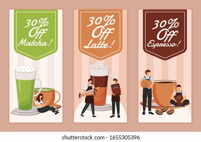 Discount for coffee flyers flat vector templates set. printable leaflet design layout. Seasonal campaign. Special offer for hot drinks advertising web vertical banner, social media stories