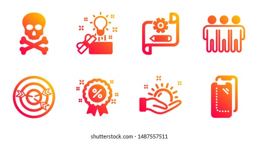 Discount, Cogwheel blueprint and Chemical hazard line icons set. Targeting, Creative idea and Sunny weather signs. Friendship, Smartphone glass symbols. Sale shopping, Edit settings. Vector
