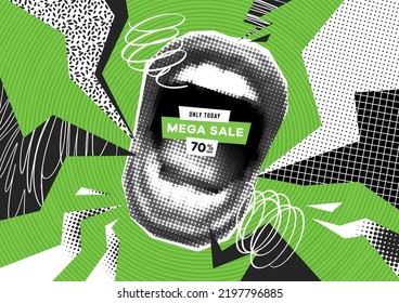 Discount collage vector banner with halftone mouth and grunge elements. Trendy magazine style. Creative banner with doodle and halftone elements. Concept of sale. Creative modern advertising poster.