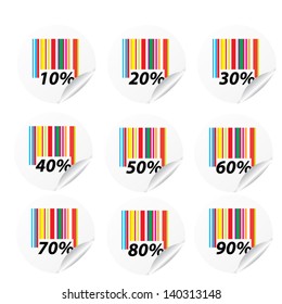 Discount colorful labels sale 10 - 90 percent. Vector.