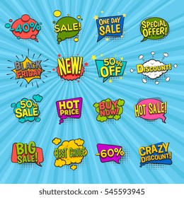 Discount comic icons set with special offer symbols on blue background flat isolated vector illustration
