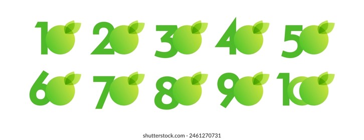 Discount concept. Set of green numbers. Happy anniversary template. Shopping labels. Spring or summer collection of symbols. Creative icons with empty blank background. Isolated graphic design.