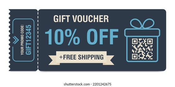 Discount coupon 10 percent off. Gift voucher with percentage marks, qr code and promo codes for website, internet ads, social media. Vector illustration