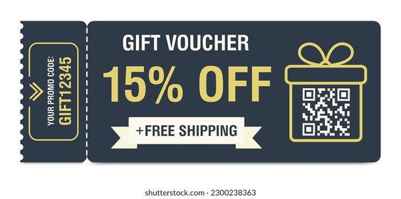 Discount coupon 15 percent off. Gift voucher with percentage marks, qr code and promo codes for website, internet ads, social media. Vector illustration