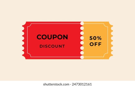 Discount coupon, 50% off, in red and orange colors.