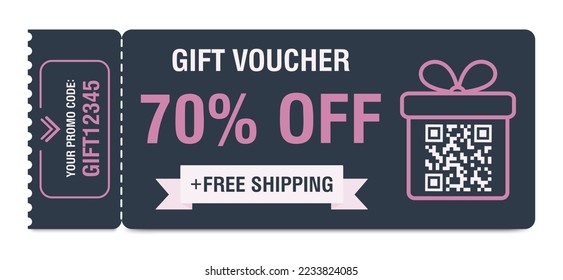 Discount coupon 70 percent off. Gift voucher with percentage marks, qr code and promo codes for website, internet ads, social media. Vector illustration