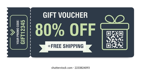 Discount coupon 80 percent off. Gift voucher with percentage marks, qr code and promo codes for website, internet ads, social media. Vector illustration