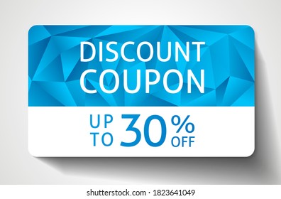 Cupón de descuento con fondo de polígono azul abstracto, patrón de polos geométrico (textura de forma triangular) y texto de venta: hasta un 30% de descuento en blanco. Plantilla de diseño útil para promoción de temporada, tarjeta de compra