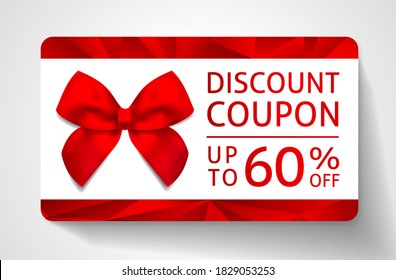 Cupón descuento con marco, arco rojo y texto de venta:  hasta un 60% de descuento en el fondo blanco. Plantilla útil para promoción de temporada, compras de vacaciones