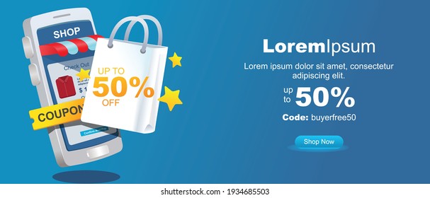 discount coupon banner. 3d smartphone with shop and shopping bag and up to 50% discount tag. mobile phone applicationmodern style flat vector illustration