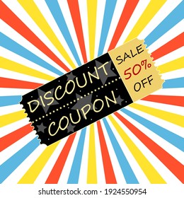 Discount coupon banner design. Abstract colorful background with sunbeams. Vector illustration of offer icon concept.