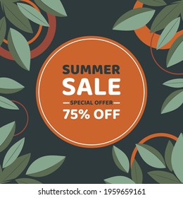Discount coupon or banner. Summer sale with 75 percent off among  leaves and round shapes. Vector flat illustration