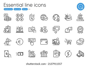 Discount coupon, Coins bags and Shopping cart line icons. Collection of Usd exchange, Global business, Report icons. Inspect, Clipboard, Money currency web elements. Sale, Buying. Vector