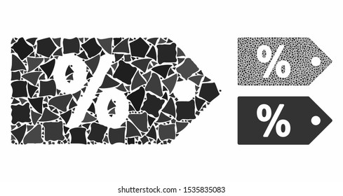 Discount coupon composition of irregular parts in variable sizes and color hues, based on discount coupon icon. Vector irregular elements are organized into mosaic.