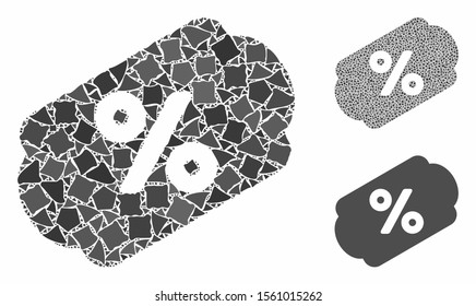 Discount coupon composition of irregular pieces in various sizes and shades, based on discount coupon icon. Vector irregular elements are composed into composition.
