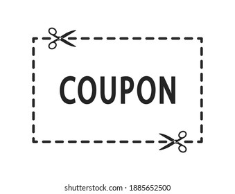 Discount coupon with cut lines for cutting scissors paper in flat style. Cut out sign, symbol, icon. Paper cut card. Black shape silhouette sign. Paper cut icon with dotted line