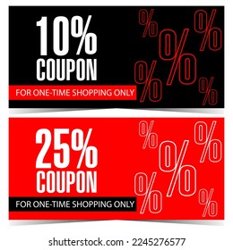 Plantilla de diseño de cupones de descuento. Ilustración vectorial de cupón de regalo, cupón o certificado con signo de porcentaje sobre fondo rojo o negro para venta y promoción de descuento durante la temporada de compras.