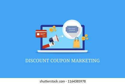 Discount coupon, e-commerce marketing, online discount offers flat design vector illustration with icons on blue background