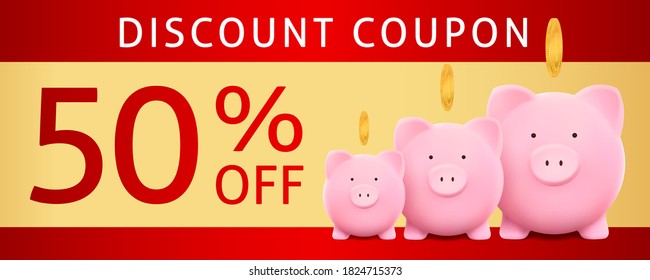 Discount Coupon With Family Piggy Bank With Coin And Sale Text: 50% Off On Red And Gold Background. Holiday Golden Template Useful For Any Promotion Design, Shopping Sale Card, Voucher Or Gift Card